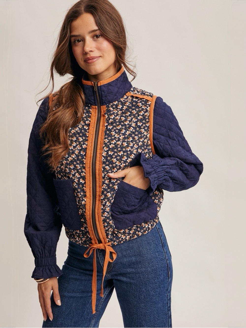 NWT Forte Quilted Floral Zip Jacket in Navy Size Small